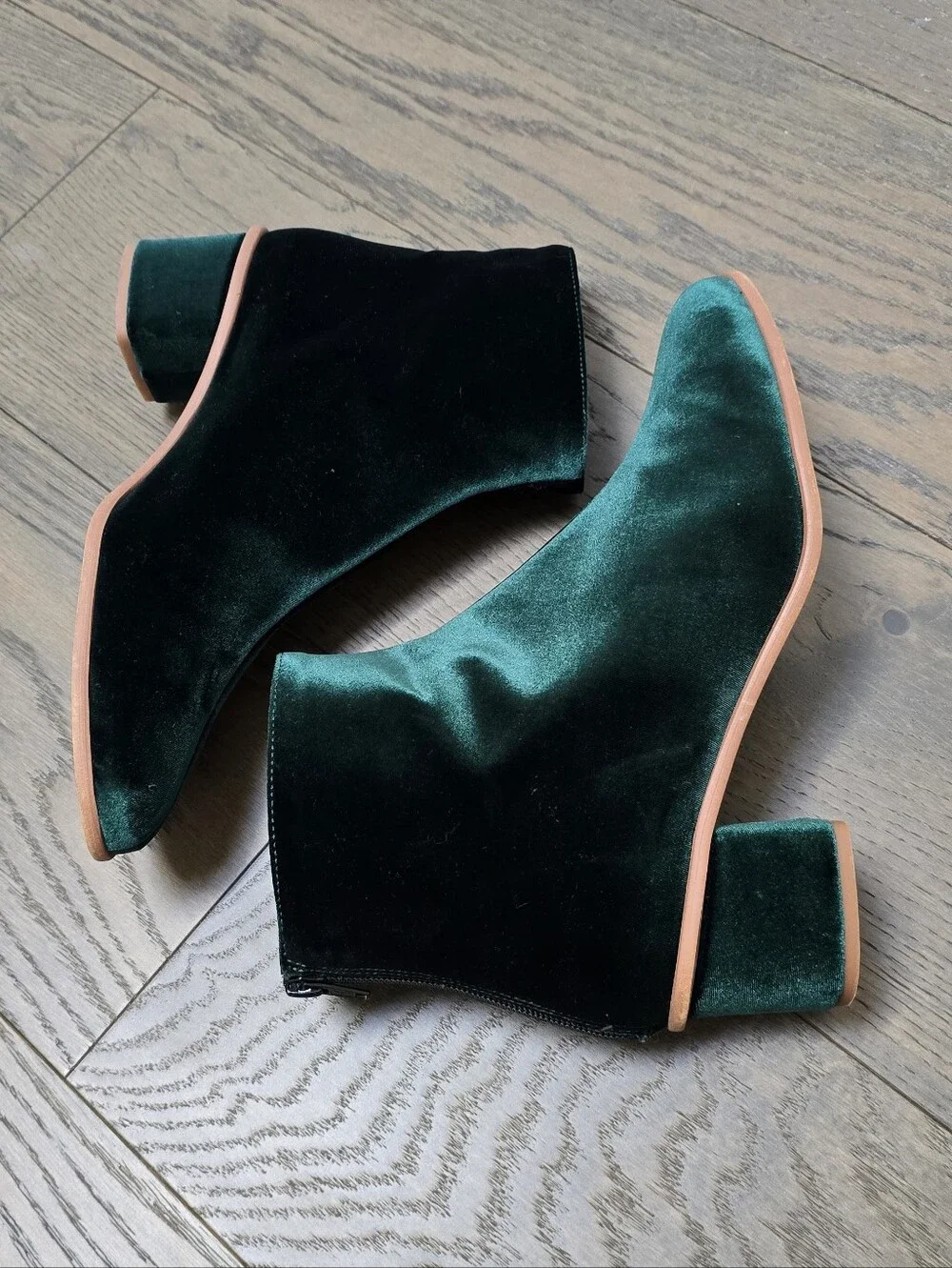 Anthropologie Samara Velvet Block Heel Ankle Boots in Emerald Green